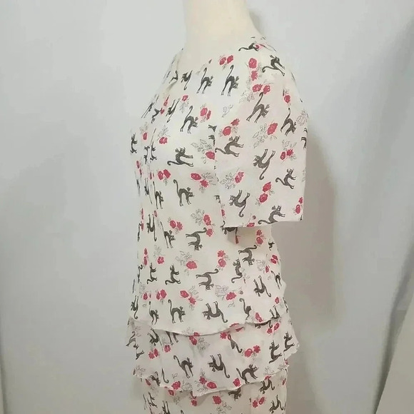 {Chelsea & Violet} 100% Silk Red Roses With Black Cats Print Top and Skirt - Picture 7 of 15